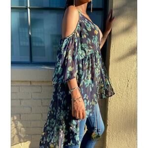 Blu Heaven Duster Cardigan Large Blue Floral Open-Shoulder Boho Garden Fairy NEW